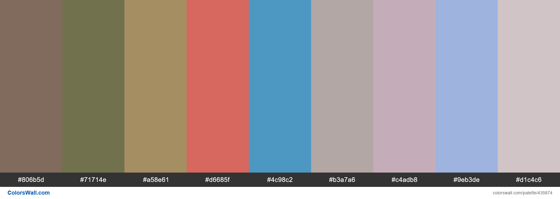 Bannister Brown, Gratefully Grass, Rattan, Tory Red, Mountain Bluebird, Centennial Rose, Desireé palette - #435874