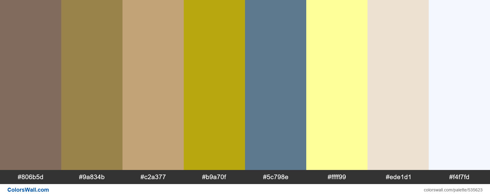 Bannister Brown, Wishing Troll, Applesauce Cake, Brass Knuckle, Provincial Blue, Sunburst Yellow palette - #535623