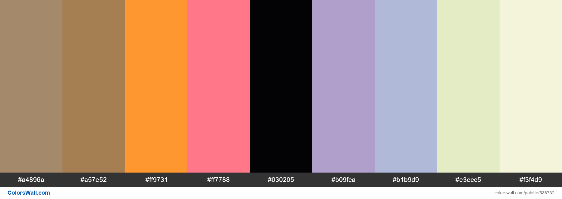 Cortez Chocolate, False Puce, Orange Jewel, Heatstroke, Raven's Coat, Purple Rose, Frosted Iris palette - #538732