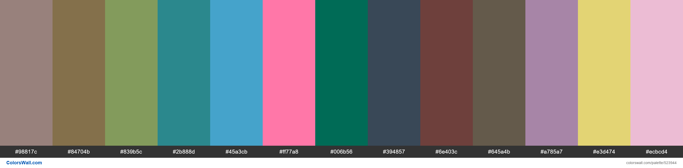 Mystere, Wild Mushroom, Pine Leaves, Turkish Jade, Sea Ridge, Pico-8 Pink, Poster Green, Midnight Dream, Sable, Suitable Brown, Ba - #523944