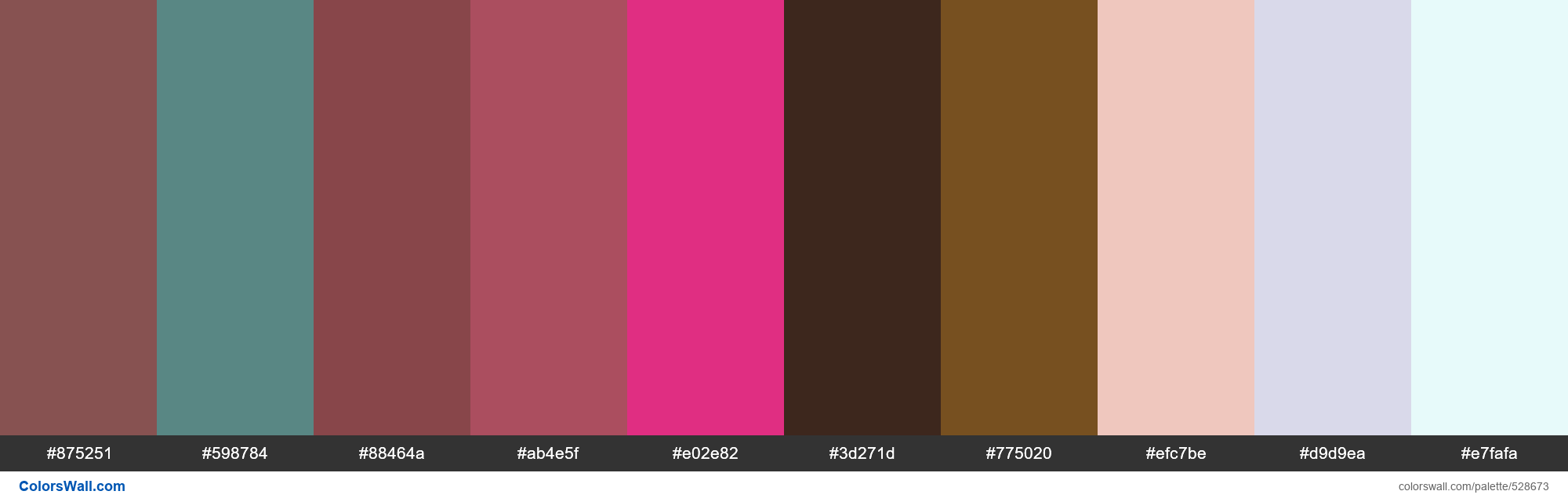 New Roof, Cretan Green, Bolero, Rose Vale, Mystic Magenta, Woodsy Brown, Trojan Horse Brown, Altered Pink palette - #528673