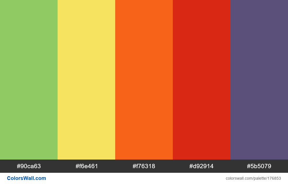 Oxford 5 colors palette #90ca63, #f6e461, #f76318 - ColorsWall