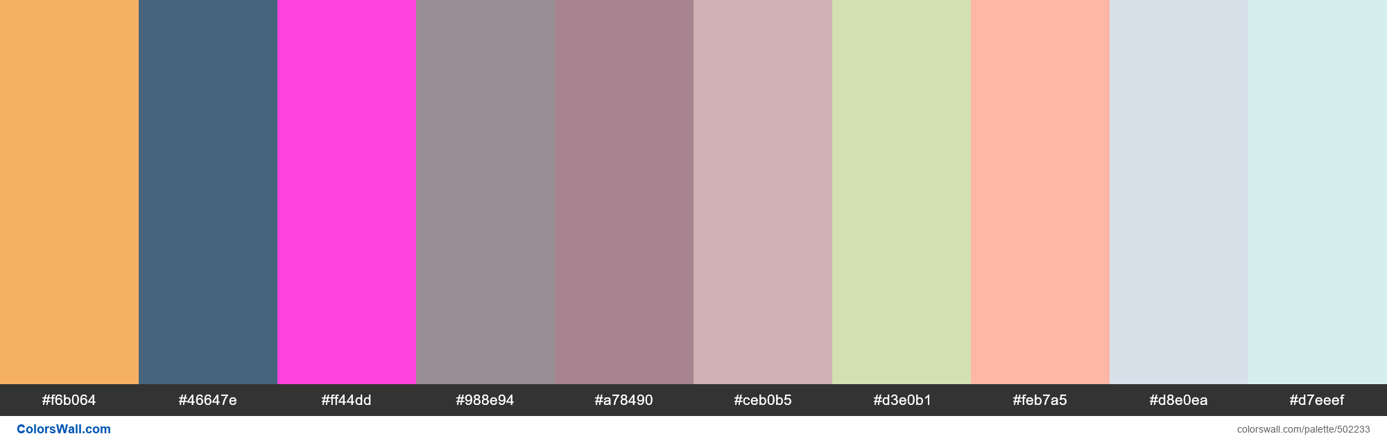 Stirring Orange, Stellar, Flamingo Diva, Heather Red Grey, Lacy Mist, Izmir Pink, Rockmelon Rind, Nature Apricot palette - #502233