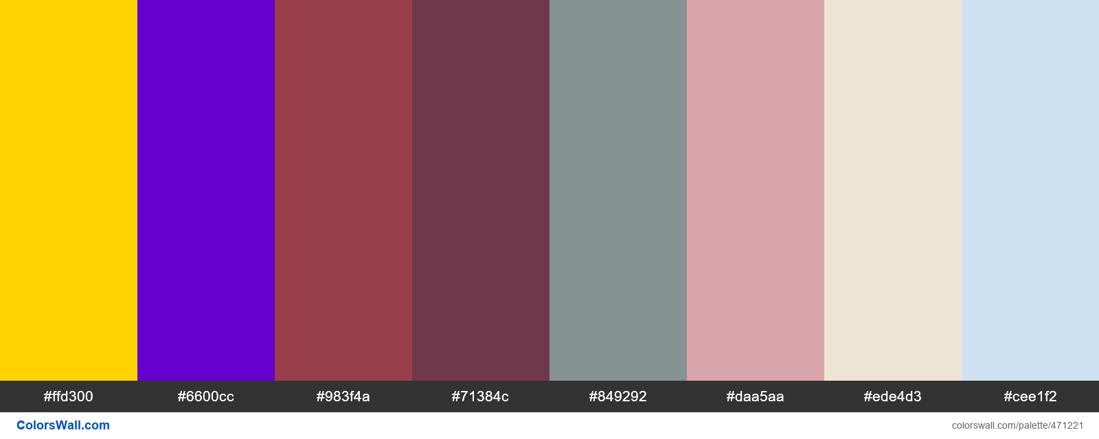 Yellow Tang, Trusted Purple, Egyptian Red, Venusian, Shady Grey, Prom palette - #471221