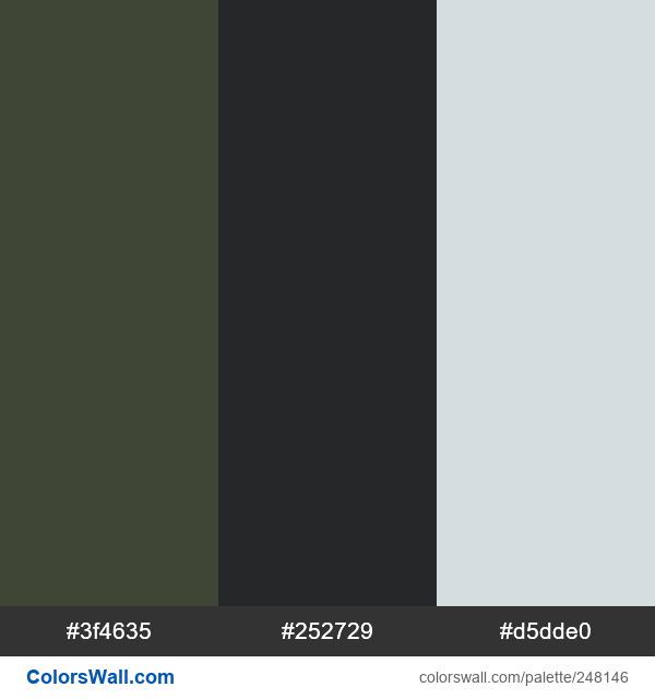 Zevach colors palette #3f4635, #252729, #d5dde0 - ColorsWall